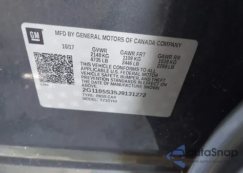 2018 Chevrolet Impala 1Lt z USA, uszkodzony, nr VIN 2G1105S35J9131272